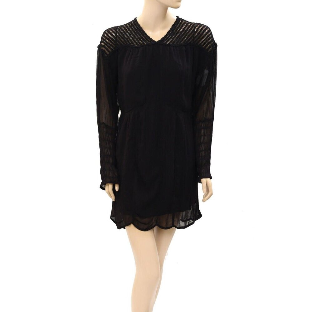 Isabel Marant Etoile Smocked Black Mini Tunic Dress Embroidered Black M 268070